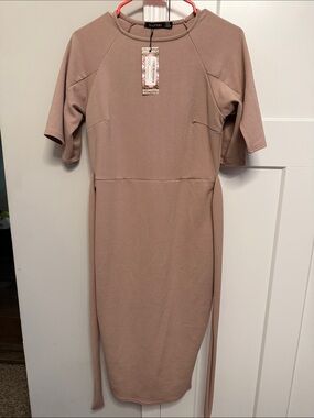 Boohoo Dusty Rose Midi Bodycon Dress with Waist Tie